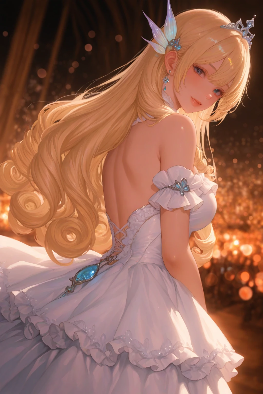 masterpiece, best quality, 1girl, very curly hair, blonde hair, shiny hair, tiara, diadem, medium breasts, glossy lips, good lighting, latifa fleuranza, standing, looking back at viewer, ballerina, lace-up, white pantyhose