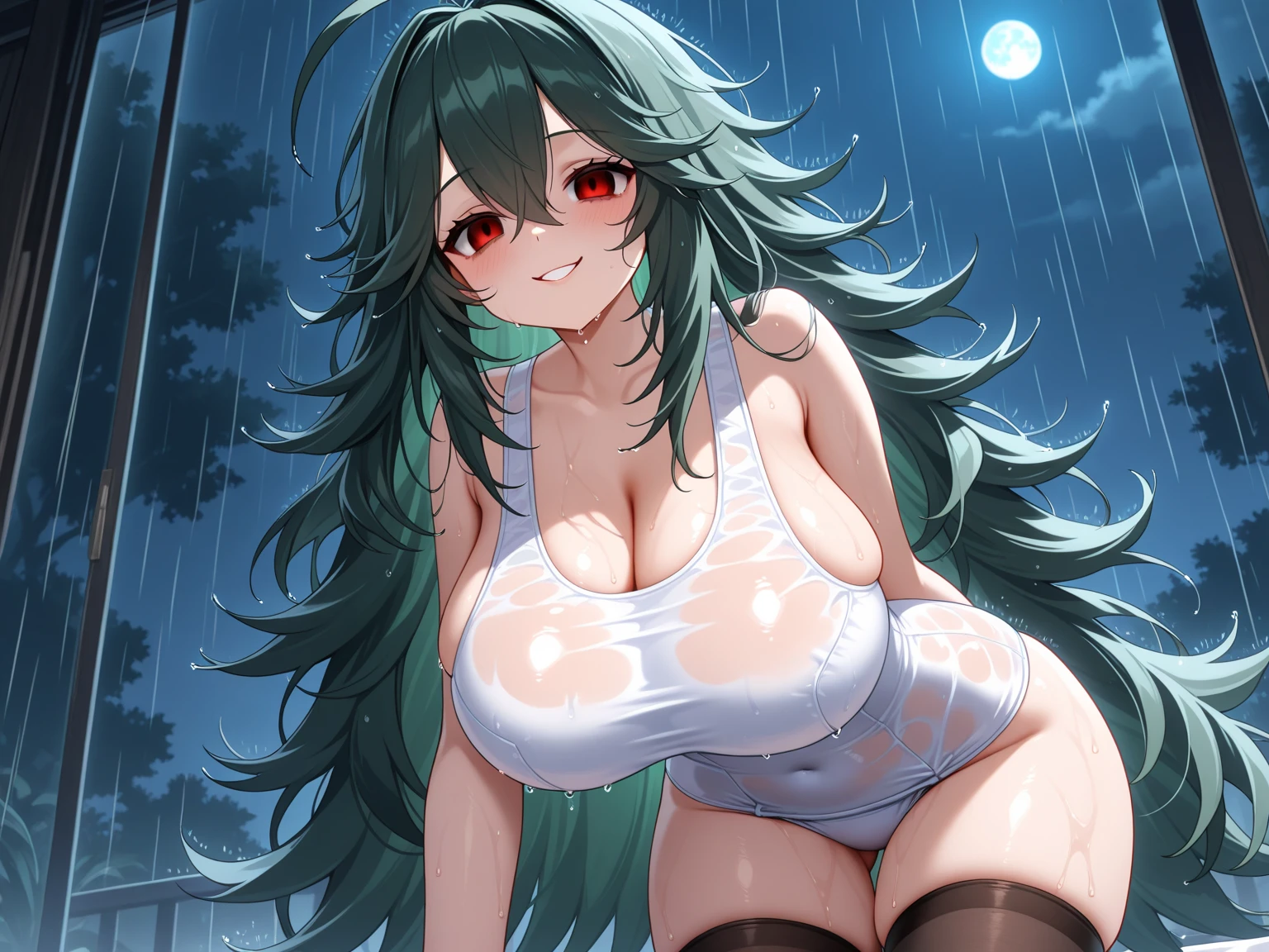 (masterpiece), best quality, emotionless eyes, perfect face, 1girl, solo, huge breasts, sad, blunt bangs, hourglass figure, milf, mother, long hair, wavy hair, (light blue hair BREAK light blue eyes BREAK) lipstick, :( closed mouth, crying, yellow sundress, looking down, night sky, dark clouds, outdoors, rain, raining, looking at viewer