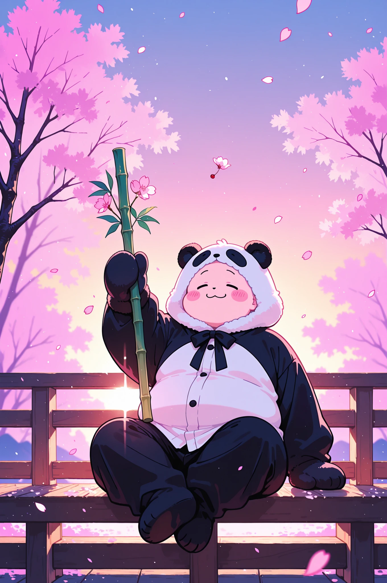 ultra-detailed, vivid colors, absurdres, aesthetic, cinematic lighting, BREAK Adult, 1boy, chubby, wearing a fluffy panda kigurumi, round face, smiling warmly, sitting cross-legged on a wooden porch, cherry blossom petals falling, soft sunset glow, holding a bamboo staff, faint blush on cheeks, minimalist background with blurred pink trees, playful pose, oversized hood, paw-shaped mittens