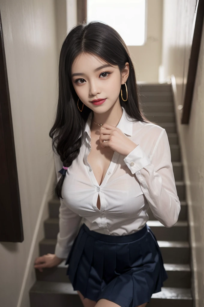 best qualityer, work of art, (photorrealistic:1.4), 1 girl, drlight smile, shirt with collar, waist up, dramatic lighting, from low
