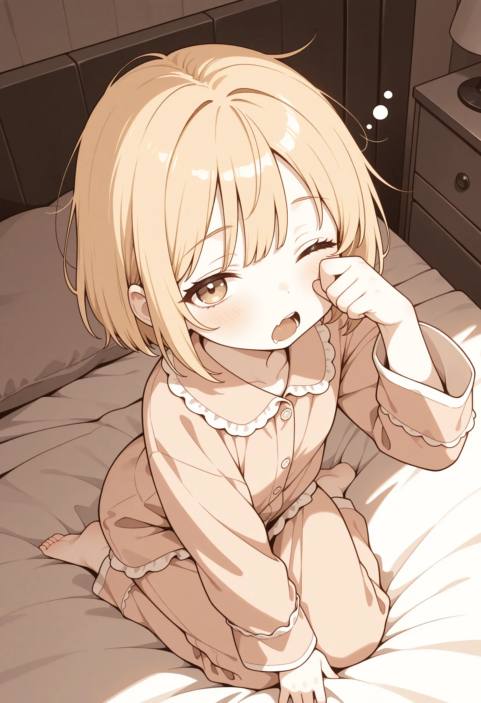 masterpiece, best quality,  <lora:AkiShizuha:1>, <lora:style04:1>,1girl, leaf hair ornament, blonde hair, hair ornament, solo, aki shizuha, blush, yellow eyes, sitting, open mouth, short hair, wariza, looking at viewer, tatami, barefoot, collarbone, speech bubble, sweater, red sweater, long sleeves, indoors, bangs, blurry, hair between eyes, leaf, nose blush, blurry background, shadow, outstretched arms, alternate costume, dress, wide sleeves, bare legs, futon, red dress, breasts, on floor, sliding doors