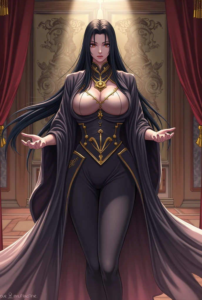 (masterpiece, best quality, high resolution, ((full body standing)), ((huge breasts))1 beautiful woman, Greek goddess Eris, very long wavy dark blue hair, black lips, golden eyes, goddess dress very sexy full body black fantasy greek, gold greek jewelry earrings and necklaces, evil smile, holding a golden apple in her right hand