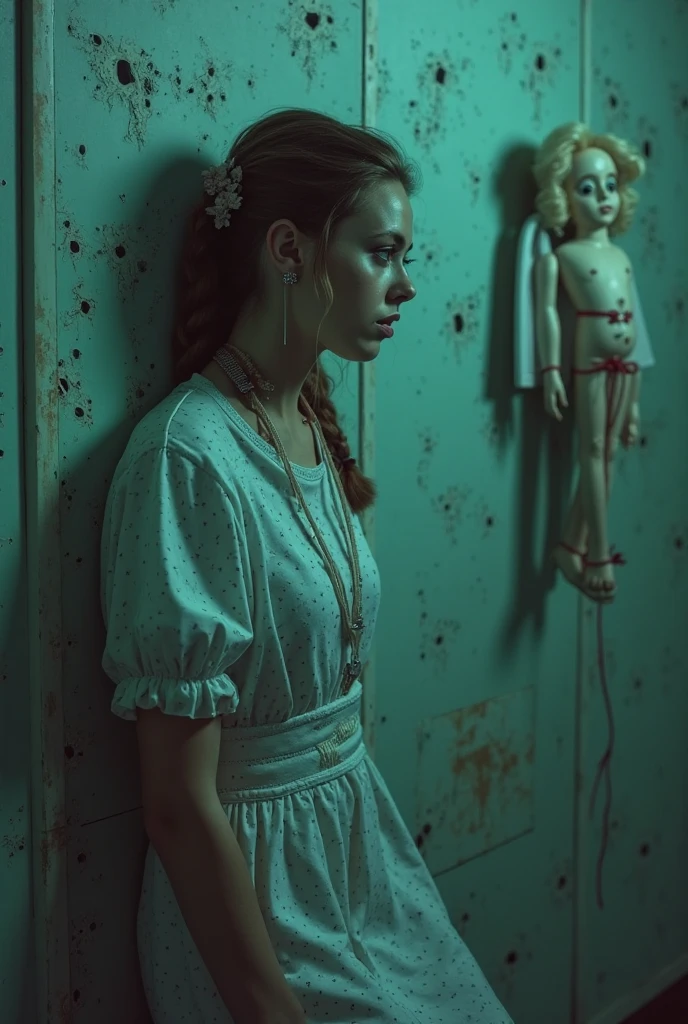 Young girl trapped at school with cursed doll. Leaves'a knife in the hand. ella (Fear and Despair:1.1) ella tenta (to escape:1.2) Of dolls,The doll is (Scary and distorted:1.1) Your best friend'version,Died in a traffic accident.,
The school break is (dark and bloody:1.1),And some dead bodies,trap,Message written on the wall. The scene was (Scary and horrible:1.1),
dark backlight,Cinema lighting,dark atmospher,ella美しい、