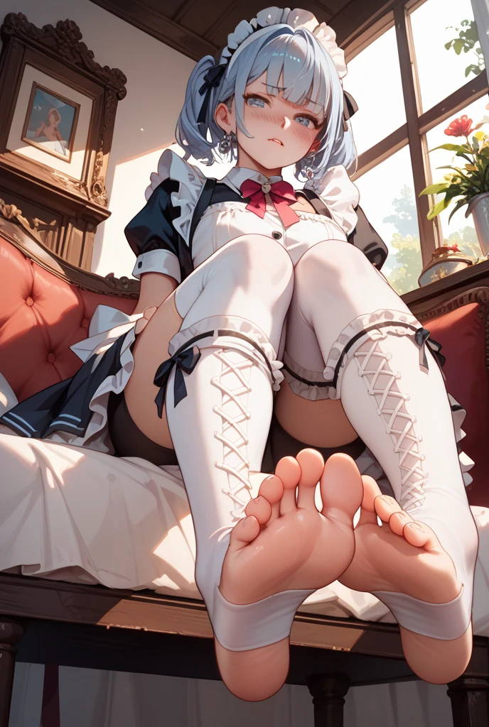 masterpiece, best quality, indoors, bedroom, pov, from below, stepped on, feet focus, 1girl, standing, one leg up, looking at viewer, long hair, white hair, yellow eyes, animal ears, medium breasts, maid dress, frills, maid hat, choker, white pantyhose, white tights, feet, soles, paw print, <lora:CatPawPrint.v0.3:0.5>