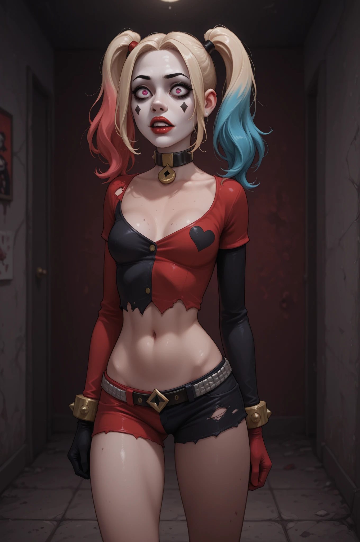 Emma Stone being Harley Quinn (best quality), top neckline with big breasts, big butt, turned legs, ?????? sticker, tattoo below navel office room, masterpiece, ultra detailed, highest quality photography, 4k quality, best quality, textured skin, anatomically correct, super detail, realistic, realistic eyes, perfect face, perfect eyes, best quality wallpapper, colorful, full body