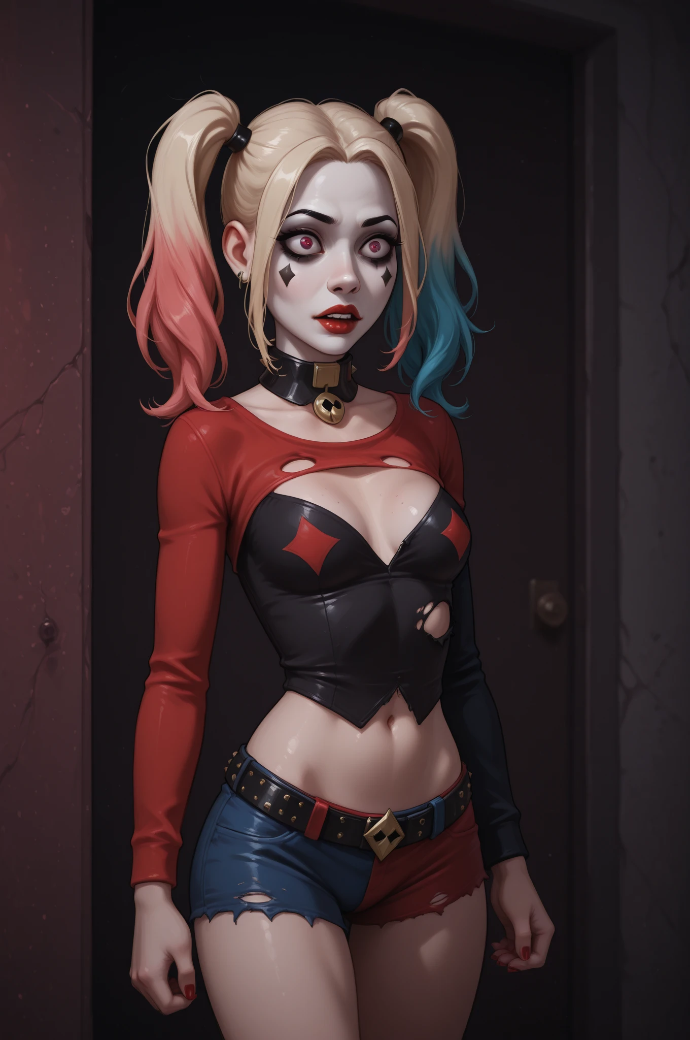 harley quinn, 1girl, solo, twintails, blonde hair, blue eyes, standing, black t-shirt, white shirt, blue jeans, belt, lipstick, large breasts