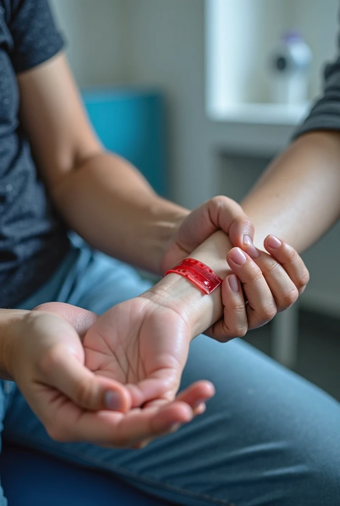White handcuff with a red circle on the wrist of a hospital patient