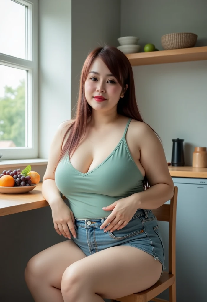 ((Best quality, 8k, Masterpiece :1.3)), Sharp focus :1.2, 1 girl,cute, ((bbw)), ((huge breast)), ((very soft breasts)), ((flabby belly:1.4)), ((huge ass:1.4)), ((highly detailed armpit:1.4)),((Put your hands on your head to show your armpits:1.4)), ((red apron:1.4)), ((black hair, Updo:1.4)), (White sleeveless blouse:1.4), black tight skirt, (smile:1.15),(closed mouth), Highly detailed face and skin texture, Detailed eyes, Twinkling Eyes, (Round Face:1.4), Three-Quarter Length, clothing reinforcement, cafe