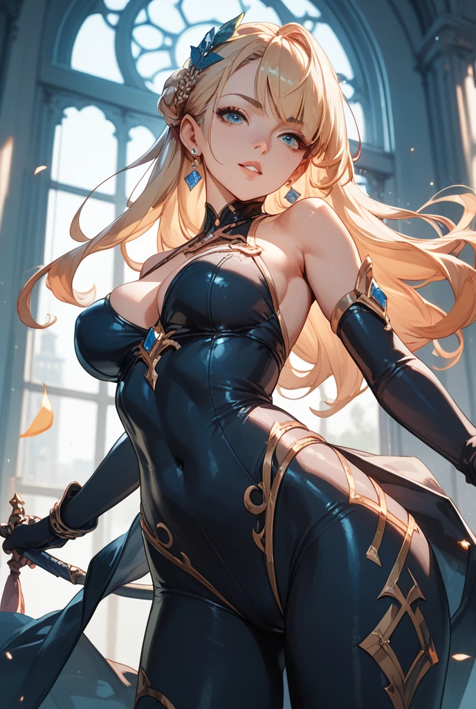 Absurdres, masterpiece, HD, high resolution, science-fantasy, alien, character alone, ordered context, best quality, epic story dramatic and conspiracy, best features and characteristics, full body, cowboy shot view
{{50 years old blonde haired elder beauty woman:(pale skin, red eyes, blonde hair tied in two high twintails, blonde long freinge near the face, short nose, closed mouth, gentle expression, medium breasts, voluptuous figure, absolute beauty, beautiful arms, beautiful legs, beautiful feminine body),(black highleg leotard, gold gauntlets, gold shoulderpads, black armsleeves, white leggings, two white belts),(respecful pose, arms posing on hips, heroic and lovely demeanor),(blue landscape, orange lava river at the left, light-blue sky, blue mounds around)}}