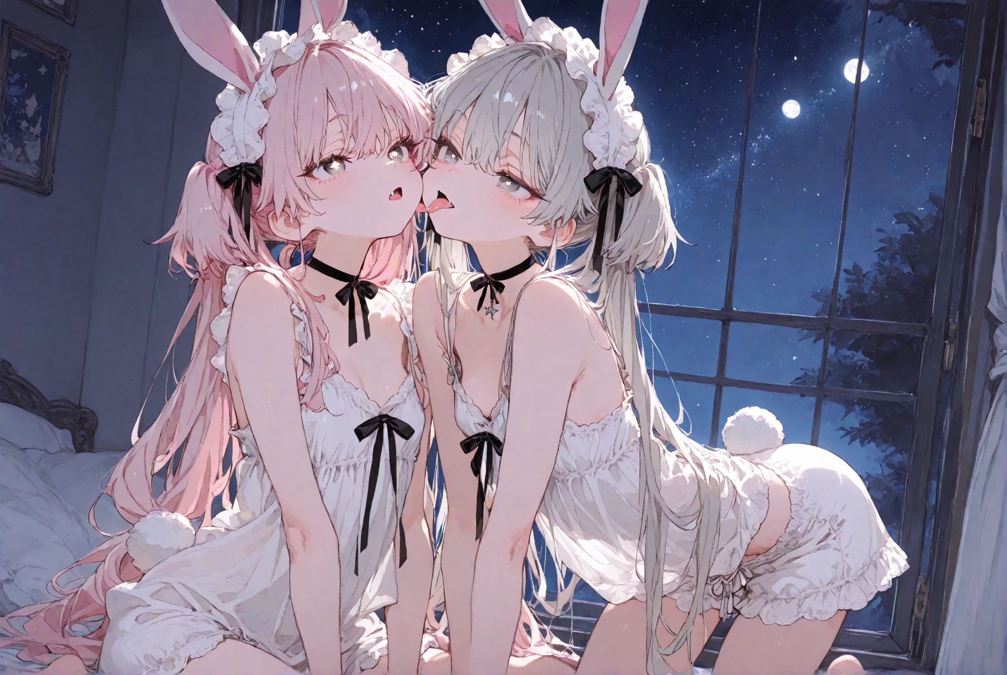 (hi res), ((masterpiece)) , ((best quality)), illustration, ( hare furry:1.5), 4 girls, multiple characters, silver earring , size difference, mout kiss , masturbating focus, hare, pink fur, magenta hair, hair between eyes, purple eyes, long hair, black claws,indoor, multiple hair styles, different body size, bedroom,night scenery, moon on windows, golden pendant, nipple outline , open mouth, different breasts size,babydoll dress, sexy panties, squeezing breasts, blushed face, looking at the viewer, , lift tail, full body, lingerie, slightly chubby, goth makeup, nsfw, saliva string, hand in partner breast, hand in crotch, from top camera , mother & daughter, , mother, group, large areolae,