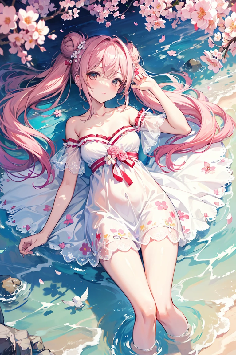 (best quality, 8k, masterpiece:1.2, nsfw ),Cutest,Cute girl,mesugaki,Beautiful face,Beautiful eyes,Beautiful hair, Light pink hair,Lots of colorful flowers,see-through nightdress, Shout with your mouth wide open, Orgasmic expression,Twitching of the toes,Genital cramps,Supraphthalbal adduction,pubick hair,droolng,Wet skin,