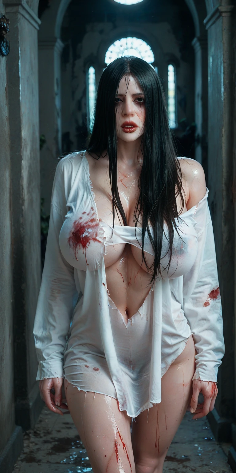 Realistic Japanese Horror movie taste picture, ((masterpiece)), (best quality), (absurdness quality), high resolution, 32k, (photorealistic:1.4), black hair, hyper realistic photo Sadako, (((torn, sexy white dress))), ((grey skin)), long hair over eyes, eyes covered face, fully hidden face by long hair, spooky woman, many blood spots on the face and breast, messy abandoned house, dark atmosphere, full body shot, entire room view, (crawling on hands and knees on the floor), slender body, add nurse hat, detailed breast. (Facing the viewer)
