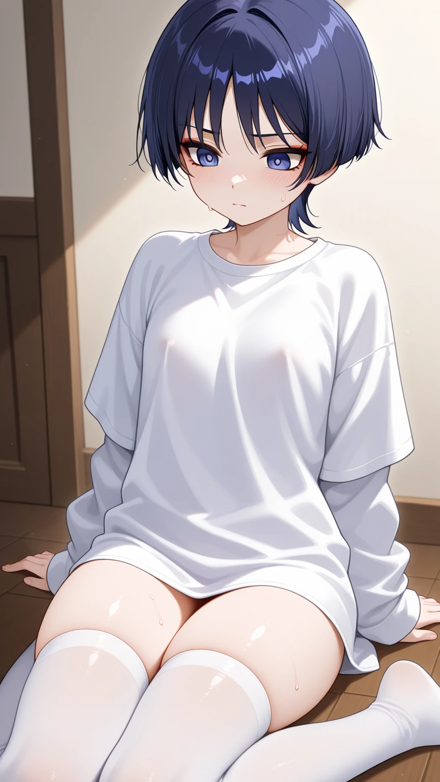 (masterpiece, highest quality:1.2), bazett, FGO, One girl, alone, short hair, Redhead, bangs, Red eyes、blush、Big Breasts, Earrings, (Navy blue cuffs and white short-sleeved gym uniform)、(Navy Blue Bloomers)、(
barefoot)、Navy blue socks、Big smile、Hotel、sit on bed、(((Open your legs wide)))