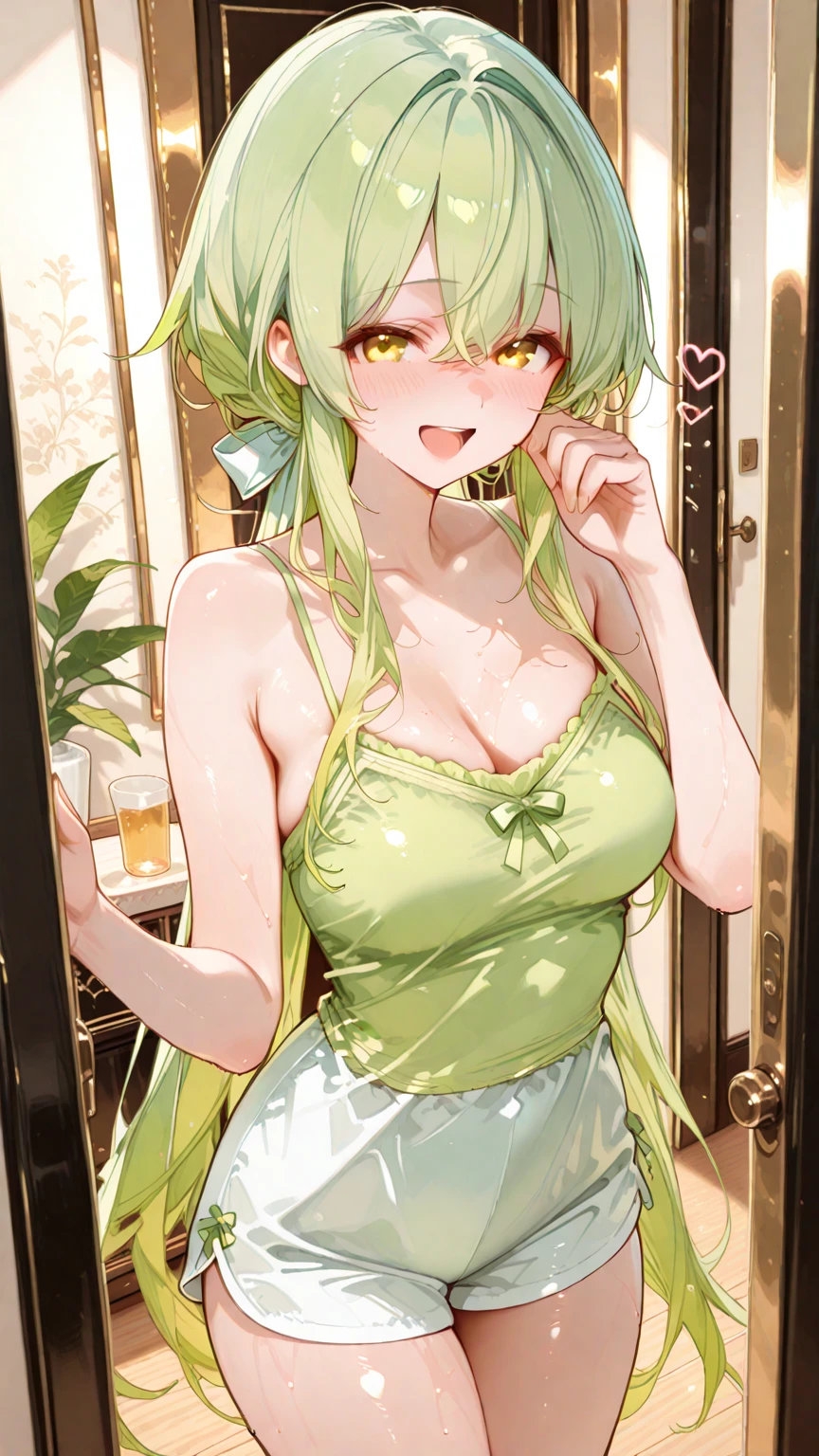 Slim figure,Milk fat buttocks,Beautiful face,Pot-bellied females,Fan in hand,Sobbing aggrievedly,Open-mouthed,Wearing green,Abdominal distention,prengant,Cover your breasts