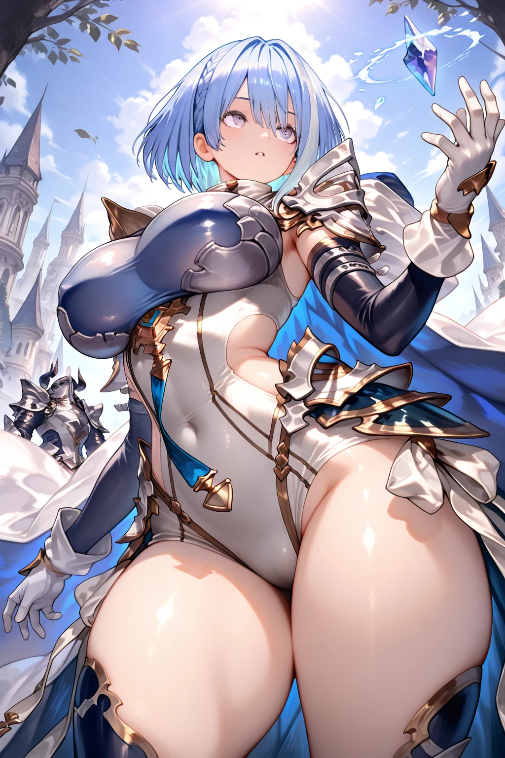 Nsfw,(highest quality,8K,32k,masterpiece),(High resolution),Super detailed,very beautiful face and eyes,1 girl,(close,highest quality,high detail,Rich skin details),(highest quality,8K,oil paint:1.2),Super detailed,tareme,
Blue - White hair,short hair,There is a delicate makeup,shining face,Exquisite,Brilliantred eyes,gigantic breast,(slip nipples,navel),pussy,(dynamic pose:1.5),(light blue sringshot swimsuit:1.3),(armor:1.5),(in castle:1.5),(full-face blush,1boy,penis,blowjob,Fellatio:1.5),(people, crowd: 1.3),(extra cum),