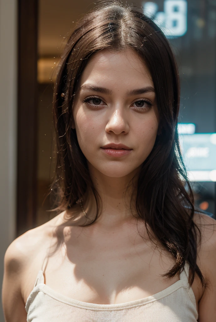 Young girl of European descent, 22, looks at the camera, wearing a white T-shirt and a black miniskirt . The frame shows her in full growth, face with detailed features: Beautiful eyes, thin nose, juicy lips, long eyelashes and detailed hairstyle. The lighting is soft, warm color tones, Photorealism, 8K resolution, High-level granularity. digital art, masterpiece. Full length photo