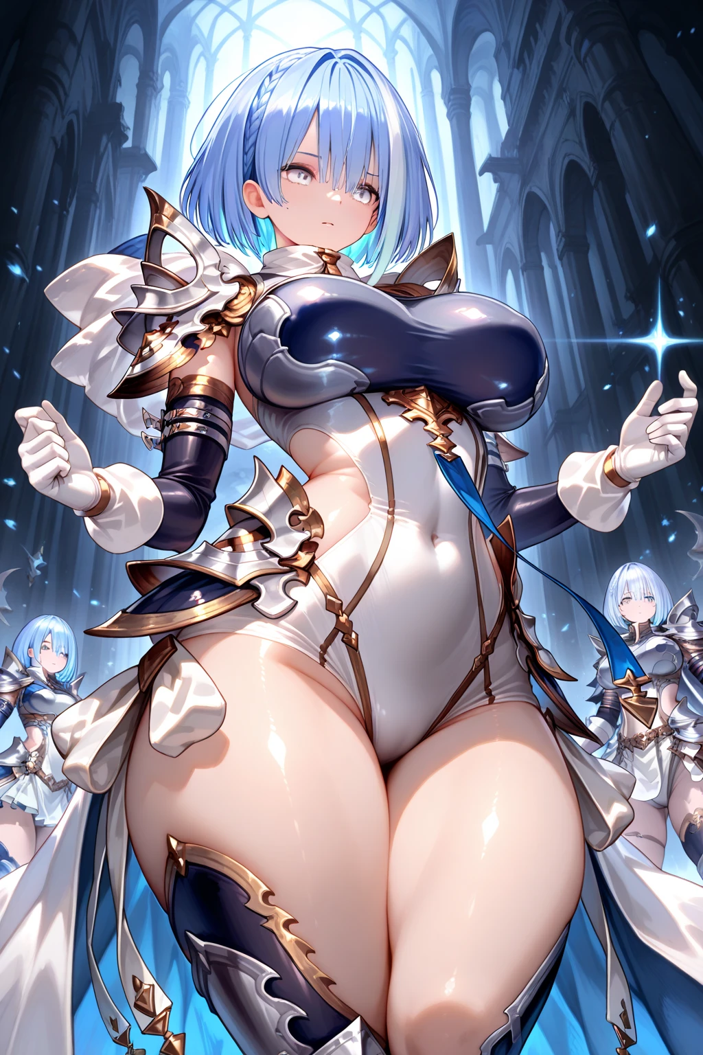 (White background:1.2),masterpiece,1girl,18yo, beautiful girl,BREAK,(blush,open mouth,Beautiful blue hair,Blue Eyes:1.5),(Cleavage,Areola,Bikini Armor,navel exposed:1.5),