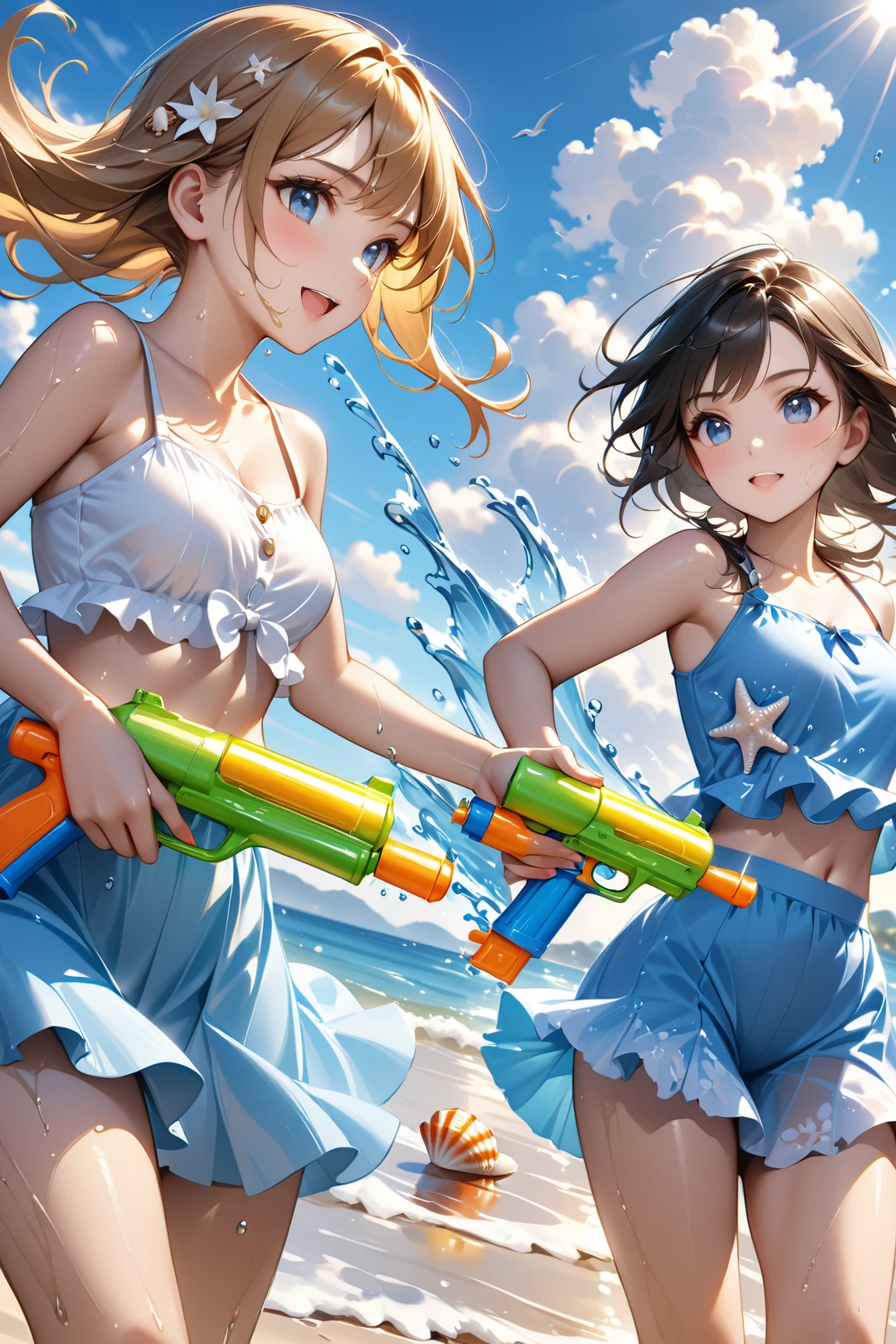 Highest quality、masterpiece、beautiful、detailed、Year: 12、Black hair twin-tailed female elementary school student、Height: 140cm、beach、Pouring sunlight、Dynamic pose、Spraying water with a water gun、Angle from below、smile、Slim figure、Soaking wet、erectile nipples、open vagina、pussy、photoRealistic