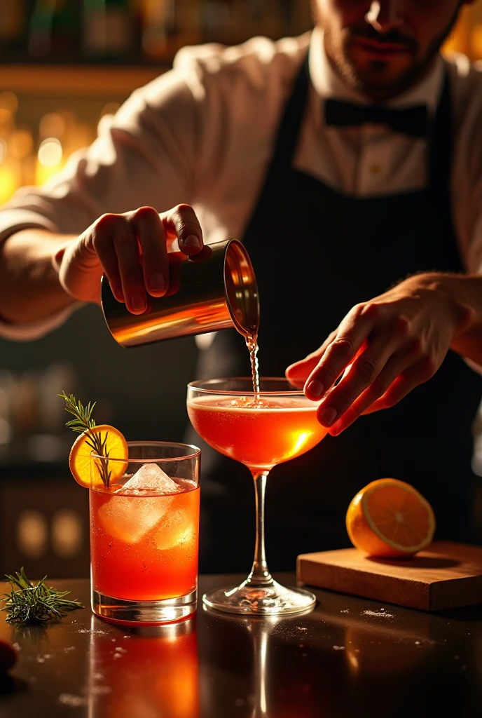 Authentic BAR,( The bartender's right thumb was amputated at the second knuckle.), Steampunk,1800'with Mojito, Spectacular landscapes, , Extremely precise movements, A sublime and delicate work, Cocktail, masterpiece, 8k, high quality, Hands are a key element in the scene, The hands are very realistic and sharp,I don't draw my face,Wine Bottle Background、Dark interior、There are herbs, lemons and limes on the counter、Red flower、Rosemary and a long spoon in hand、muddler、Tall, narrow glass,