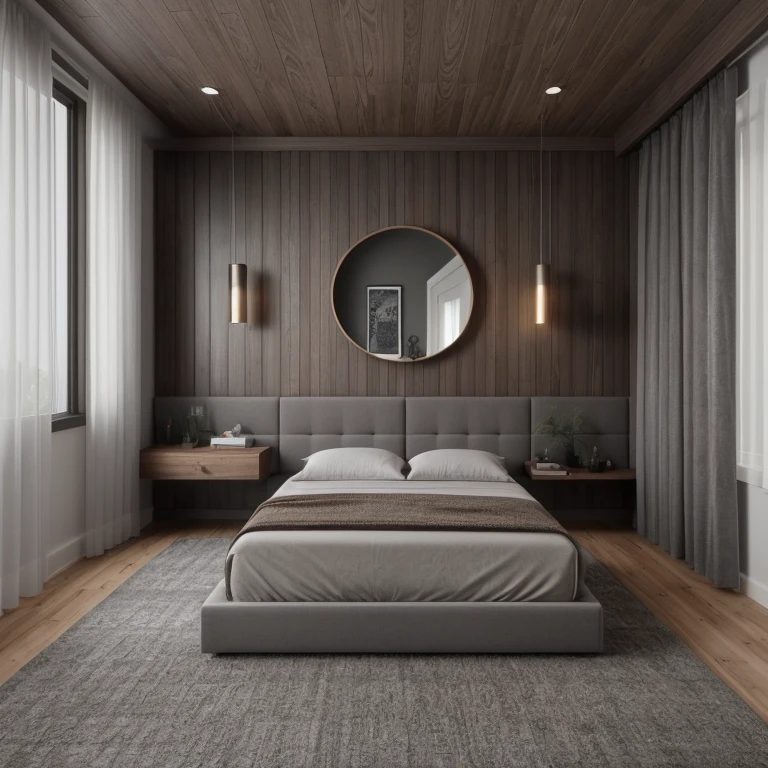 "A photorealistic render of a modern minimalist luxury bedroom, designed using a sketch input. The room features a low-profile platform bed with clean lines and two pillows, a floating nightstand, full-wall paneling with two vertical mirrors and a round abstract wall decor above the bed. The right side has long, textured curtains with soft folds. The floor is covered by a large area rug. The color palette consists of deep red accents, warm brown wood finishes, and soft gray textiles. The lighting is natural and ambient, creating a warm, relaxing atmosphere. Modern architectural detailing with balanced symmetry. Realistic materials: wood, fabric, brushed metal. Clean, clutter-free, elegant."

