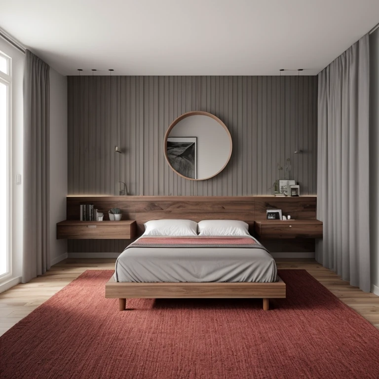 "A photorealistic render of a modern minimalist luxury bedroom, designed using a sketch input. The room features a low-profile platform bed with clean lines and two pillows, a floating nightstand, full-wall paneling with two vertical mirrors and a round abstract wall decor above the bed. The right side has long, textured curtains with soft folds. The floor is covered by a large area rug. The color palette consists of deep red accents, warm brown wood finishes, and soft gray textiles. The lighting is natural and ambient, creating a warm, relaxing atmosphere. Modern architectural detailing with balanced symmetry. Realistic materials: wood, fabric, brushed metal. Clean, clutter-free, elegant."


