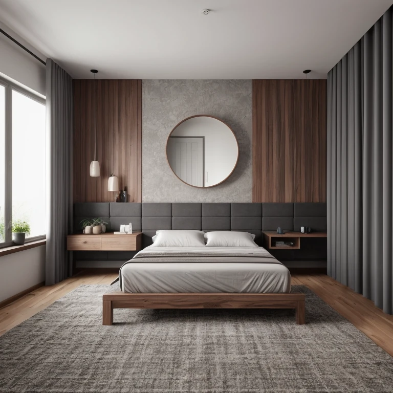 "A photorealistic render of a modern minimalist luxury bedroom, designed using a sketch input. The room features a low-profile platform bed with clean lines and two pillows, a floating nightstand, full-wall paneling with two vertical mirrors and a round abstract wall decor above the bed. The right side has long, textured curtains with soft folds. The floor is covered by a large area rug. The color palette consists of deep red accents, warm brown wood finishes, and soft gray textiles. The lighting is natural and ambient, creating a warm, relaxing atmosphere. Modern architectural detailing with balanced symmetry. Realistic materials: wood, fabric, brushed metal. Clean, clutter-free, elegant."

