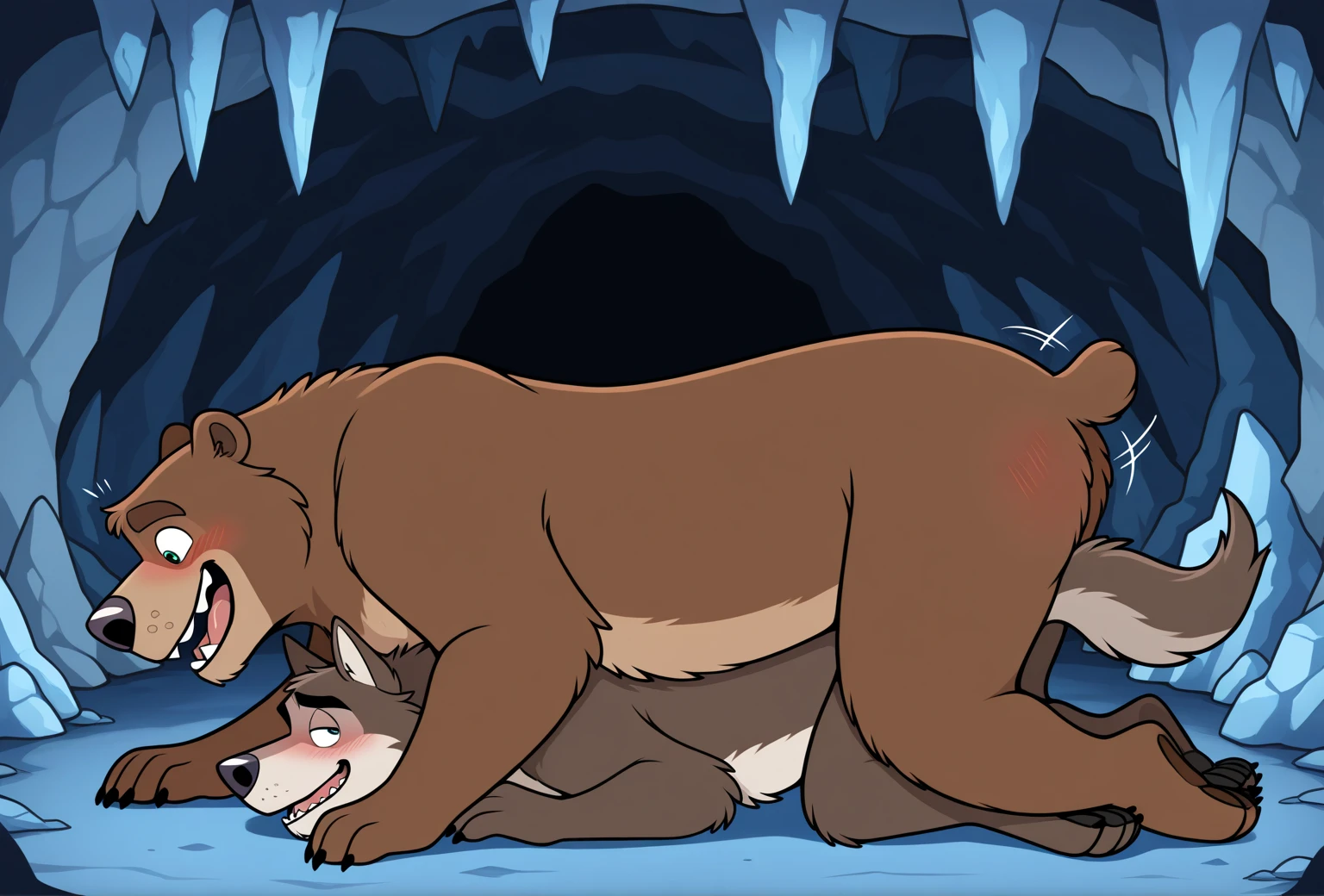 NSFW (nude) (Elsa ((human)) medium breasts, strip of pubic hair) vaginal penetration, fucking male furry polar bear with red penis, full body, in a deserted snowy landscape