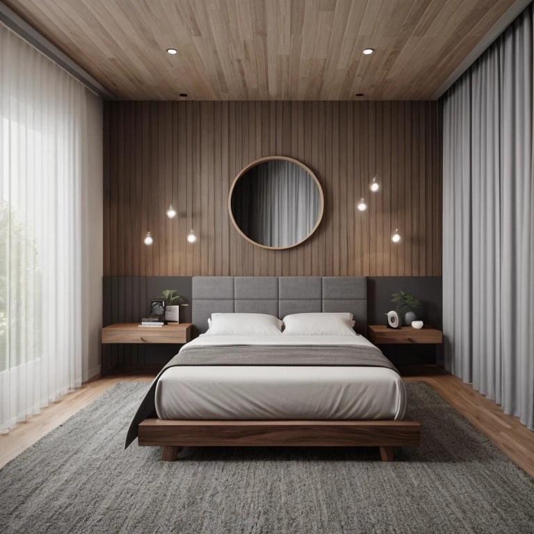 "A photorealistic render of a modern minimalist luxury bedroom, designed using a sketch input. The room features a low-profile platform bed with clean lines and two pillows, a floating nightstand, full-wall paneling with two vertical mirrors and a round abstract wall decor above the bed. The right side has long, textured curtains with soft folds. The floor is covered by a large area rug. The color palette consists of deep red accents, warm brown wood finishes, and soft gray textiles. The lighting is natural and ambient, creating a warm, relaxing atmosphere. Modern architectural detailing with balanced symmetry. Realistic materials: wood, fabric, brushed metal. Clean, clutter-free, elegant."


