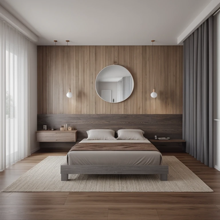 "A photorealistic render of a modern minimalist luxury bedroom, designed using a sketch input. The room features a low-profile platform bed with clean lines and two pillows, a floating nightstand, full-wall paneling with two vertical mirrors and a round abstract wall decor above the bed. The right side has long, textured curtains with soft folds. The floor is covered by a large area rug. The color palette consists of deep red accents, warm brown wood finishes, and soft gray textiles. The lighting is natural and ambient, creating a warm, relaxing atmosphere. Modern architectural detailing with balanced symmetry. Realistic materials: wood, fabric, brushed metal. Clean, clutter-free, elegant."

