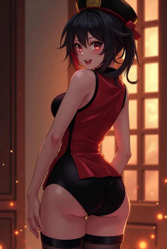 (masterpiece, best quality:1.2), cowboy shot, solo, 1girl, cinder fall wearing a red dress black shorts and thigh high boots, evil smile, looking at viewer, long hair, red dress, elbow gloves, in busy nightclub, (crotch bulge:1.3),