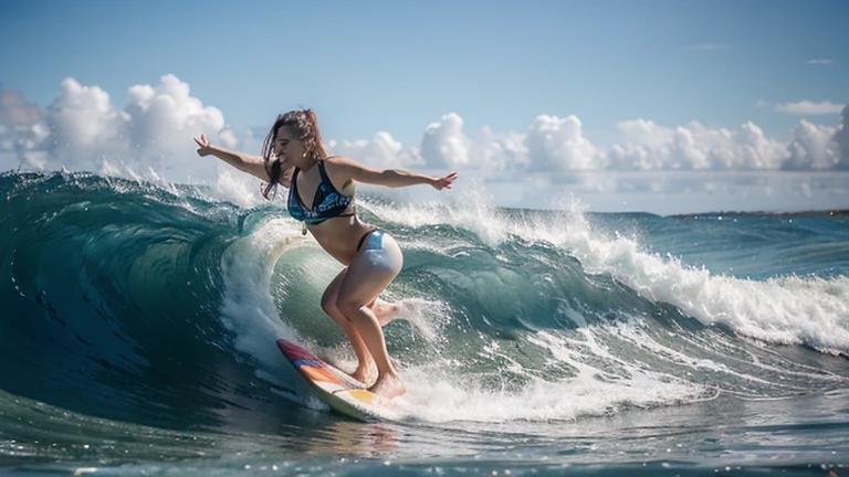 
Blue ocean waves、White beach、A woman in a swimsuit is surfing