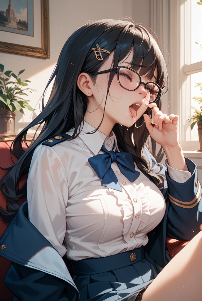 (((fellatio)))、school uniform, blazer、1人の女性、brown haired、Brown eyes、Black-rimmed glasses、 Best Quality、ultra-detailliert、8K resolution、Raw photo、masutepiece、gorgeous faces、Perfect body, Pleated skirt, pantyhose, crawling position、stick out tongue、(((cum facial)))、cum in hair、open clothes,(presenting bra:1.2)、(((upset：1.5)))