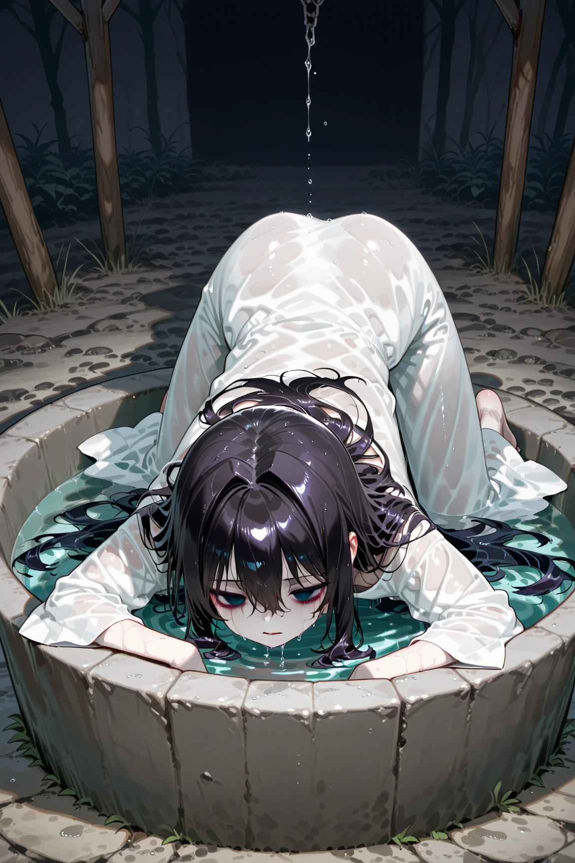 naked woman、fullnude、 (nose blush, Naughty, half opened eye, Drooling), [Full body shot]、BDSM、Plenty of love juice、pale pubic hair、Wearing a black dog collar,Full body shot,body piercings,Large open legs、Lying in bed、Hands tied above the head、Head-to-toe shots、Hand flail、fetters、Squirting、spout、There are a lot of them all over the body,The udder is squeezed out with a rope、Woman in chains、slightly turned to the side、The lower back is cramping up and down、Chest is bobbing up and down、Crying in pain、Both legs are raised above the head in a V-shape、Swing your hips up and down violently、Ahegao、Lower your hips deeply、all the way to the base、The waist is on the floor、hanekawa tsubasa、her black hair is tied into two braids.、eye glass、Colossal tits、Colossal tits、
