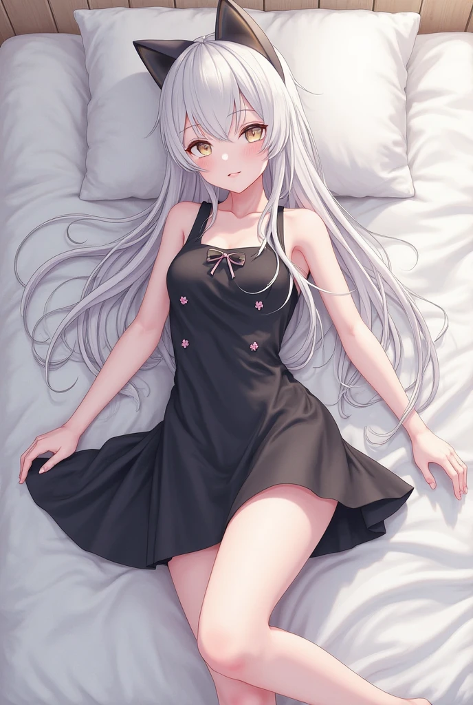 (masterpiece:1.4、top-quality、illustration:,realistic、)、(character focus、,full body:1.3)、(1girl),(clear face:1.3),(exact limbs:1.4),cute face,blue eyes、(tareme:1.3)、(),
(),(all over the bed:1.4),、
(grey hair),(long hair:1.5)、
,(her room:1.3),(loose Room wear:1.5),
(blunt bangs),(sidelocks:1.3), (small breasts:1.2)、
、slender、