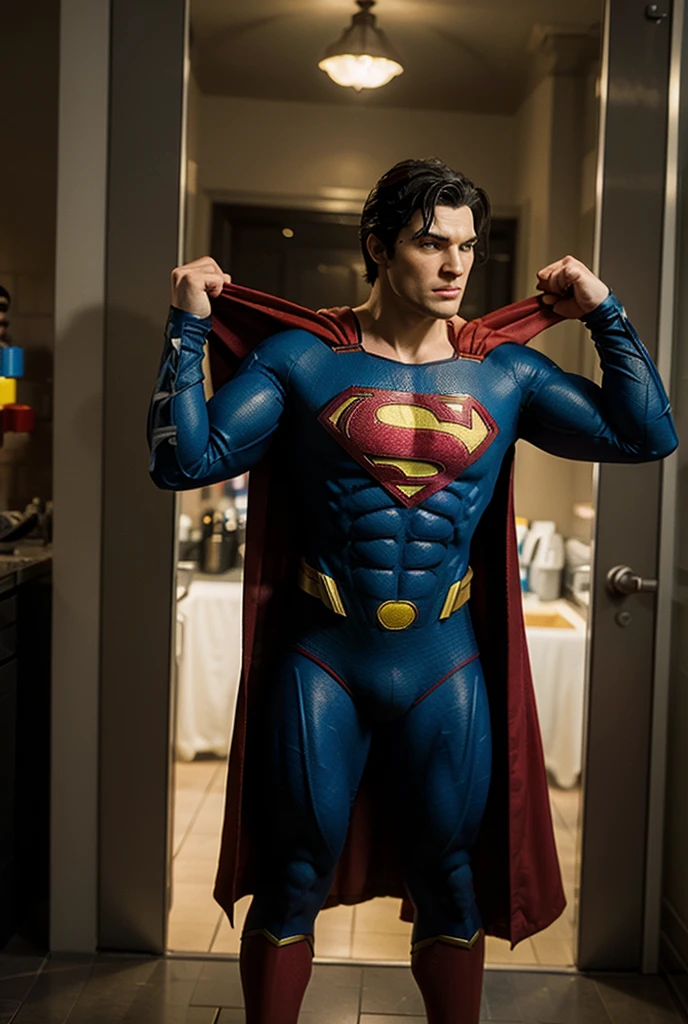 Man body setting,Superman lace costume tights , (bare thighs ) , sexy , NSFW , eroticism , seduction, standing , big thighs , fat hips , porn , exposed skin , exposed thighs , puffy nipples , seduction