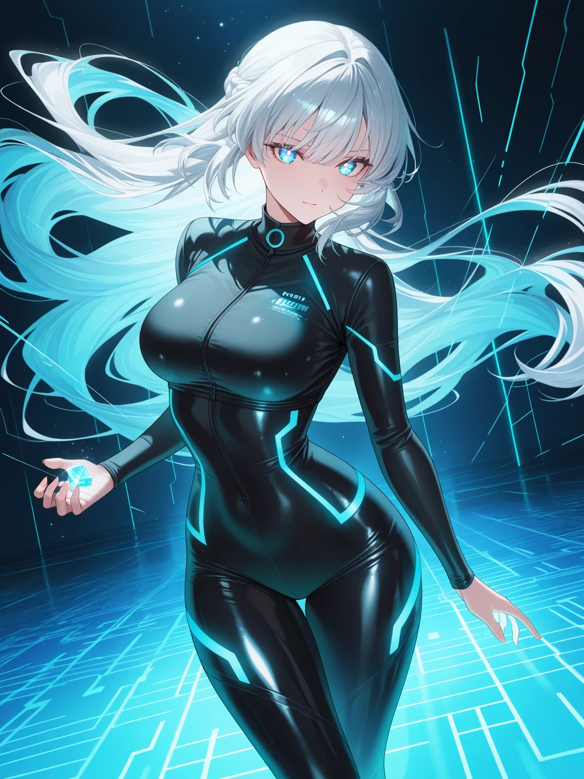 (very good, Professional, Surreal), She is wearing a black bodysuit, The suit has blue energy lines, Silver Hair, ponytail, blue eyes, Simple Background