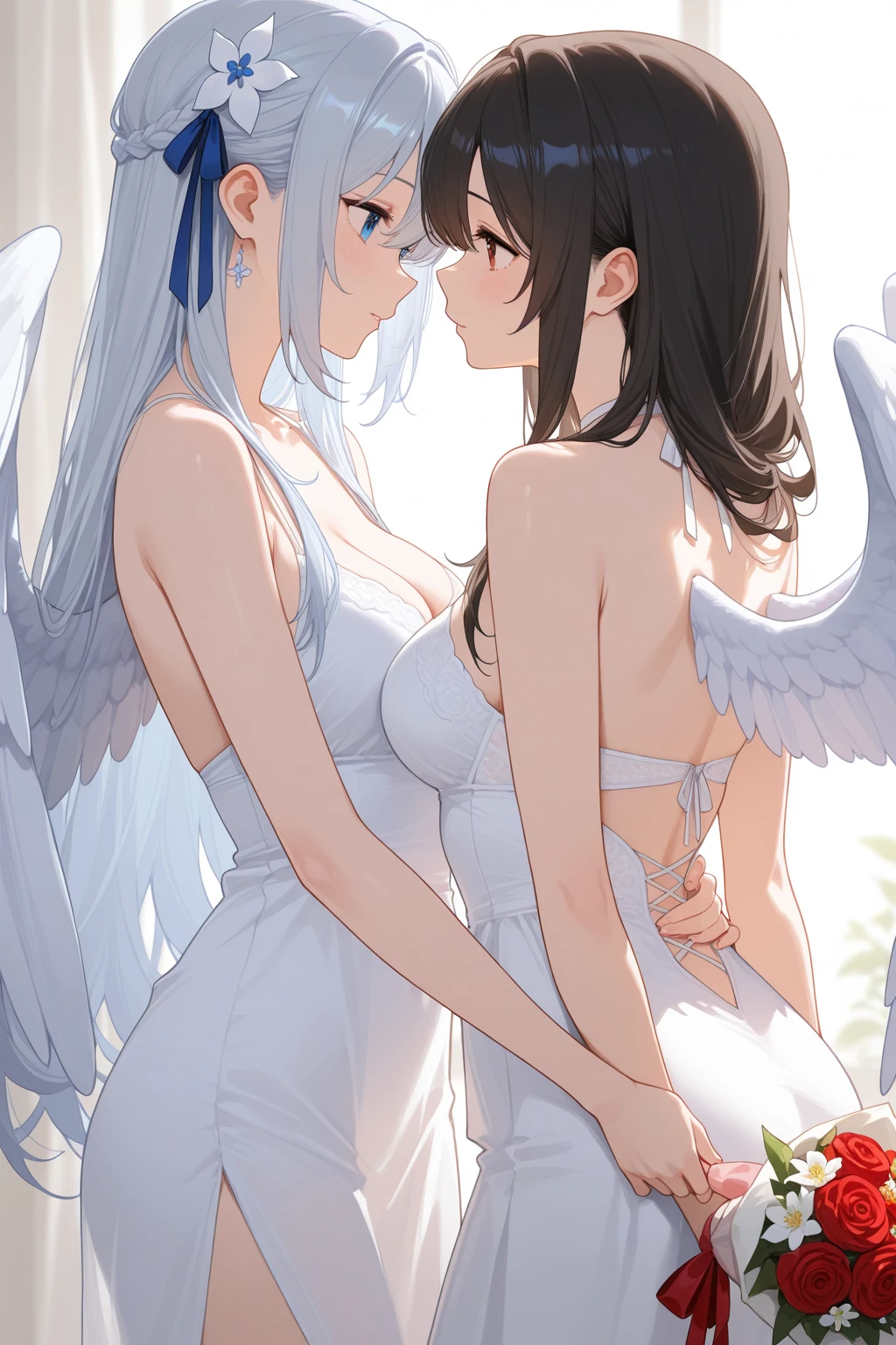 1boy, 1girl, piggyback riding, all fours, sitting on person, on top, bare shoulders, breast, angel, angel wings, bird wings, black wings, blush, cleavage, closed eyes, detached sleeves, feathered wings, feathers, head wings, low wings, multicolored wings, short hair, silver hair, single wing, smile, thighhighs, white wings, wings, outdoors, waterfall, morning, 9:07 AM