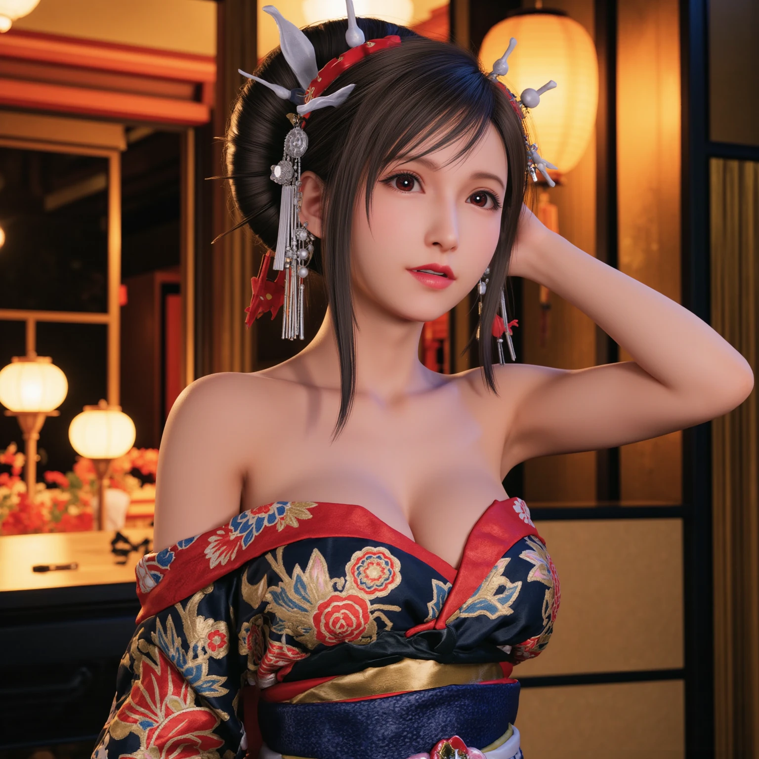 Super realistic 8kCG,masterpiece,((highly detailed background,delicate pattern,intricate details)),highest quality,very knowledgeable person,highly detailed eyes and face,highly detailed eyes,Kocho Shinobu,colorful hair,No bangs,hair intake,black eye,cap,black shirt,black panties,(bikini),butterfly,strip strip,(Trepical garden:1.2),purple flower,mostly cloudy sky,Light of the sun,Tyndall effect,slope_heaven,beautiful sky,Saber on my waist,seductive posture,(big naked breasts with nipples:1.3),(off shoulder costume:1.5),smile, Appearance from behind, butt sticking out