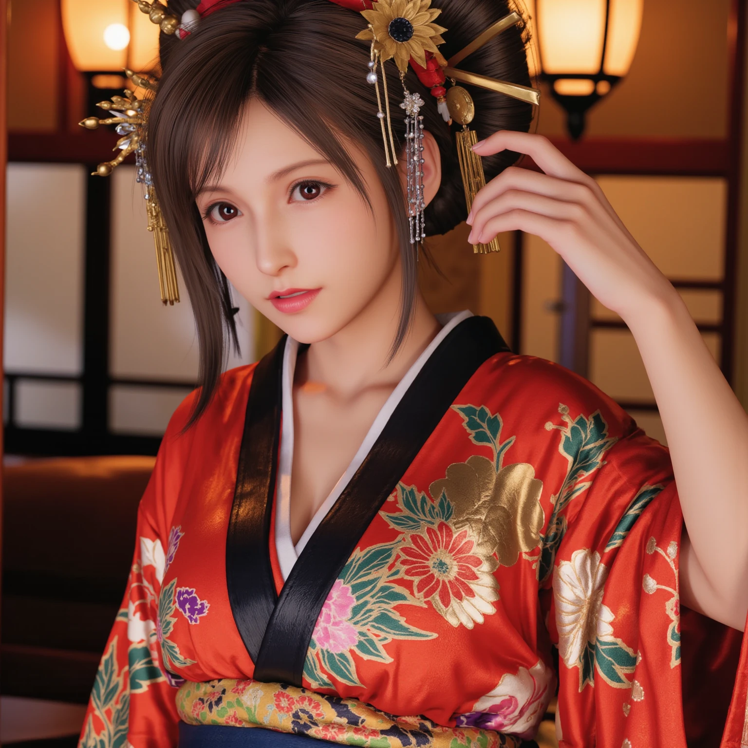 High resolution CG unity wallpaper 8k, top-quality, Piece Table, Realistic, hyper realistic photography, Highly detailed beautiful woman (8K、RAW Photosgraphy、Highest quality、masterpiece:1.2)、(Realistic、Realistic:1.37)、Ultra-high resolution、One Girl、cute、alone、night、Sitting、date、(Nose redness)、(Laughter:1.1)、(Closed)、Huge 、Beautiful Eyes、(short hair:1.2)、(((Fireworks bursting into the sky、night)))、(((kimono、yukata)))、Cleavage、Perfect body、Perfect Fingers、Professional Lighting、Japanese Goddess、gravure、Detailed face and skin texture、fine grain、RAW Photos