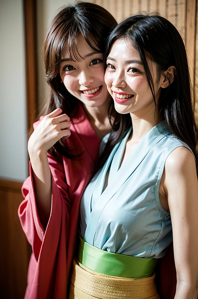 ((​masterpiece、top-quality、ultra-definition、hight resolution))、独奏、a beauty girl、radiant eyes、perfect  eyes、Hakata yukata、cleavage of the breast、Beautiful sister in Korea、bath robe、The background is a Japanese-style room、high-level image quality、4K、a smile、A slight smil