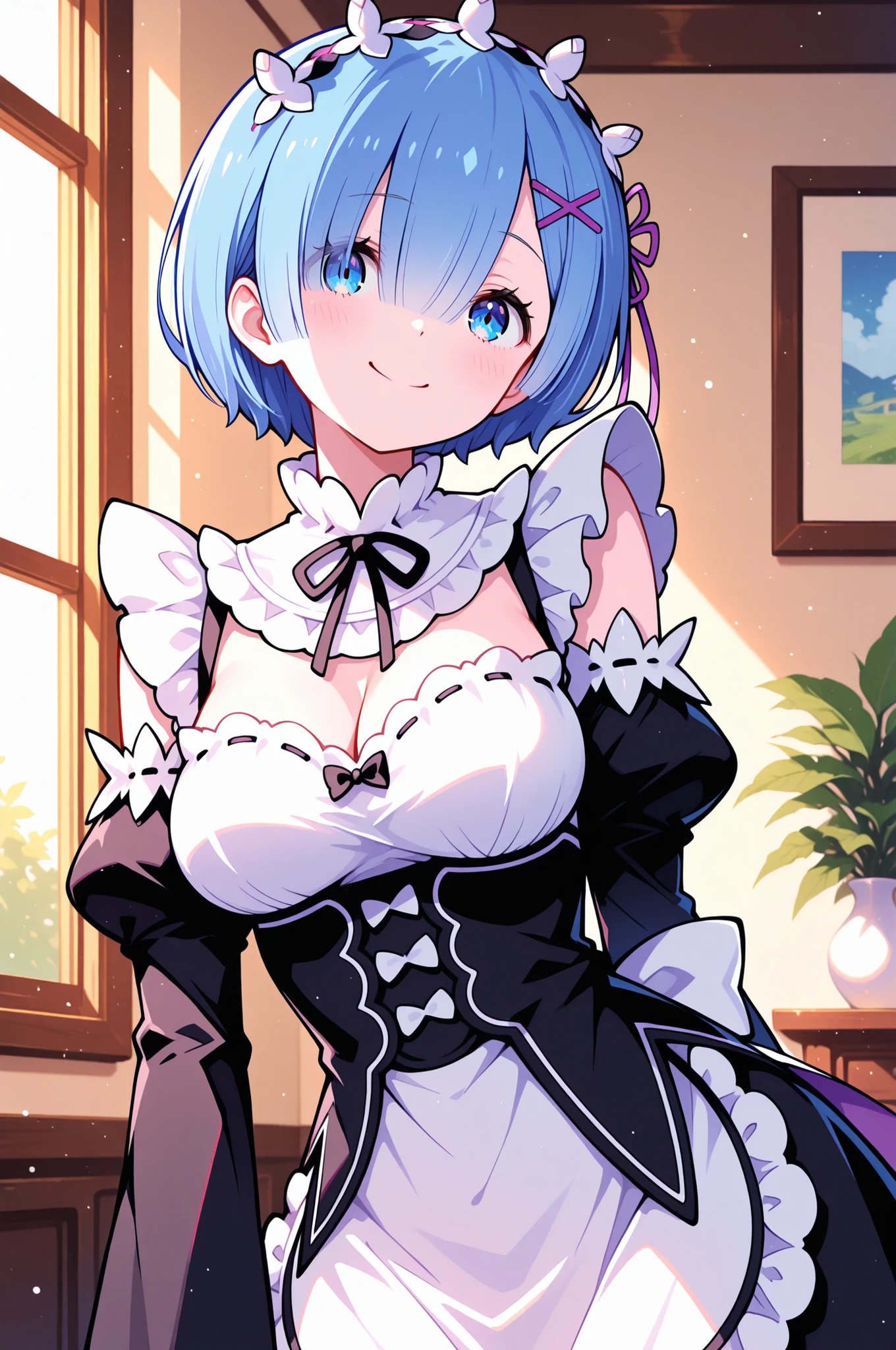 masterpiece, best quality, sharp, illustration,
Rem from Re:Zero, 1girl, solo,
blue hair, blue eyes, maid outfit,
looking at viewer, sweet smile,
in a sunlit room, cinematic lighting