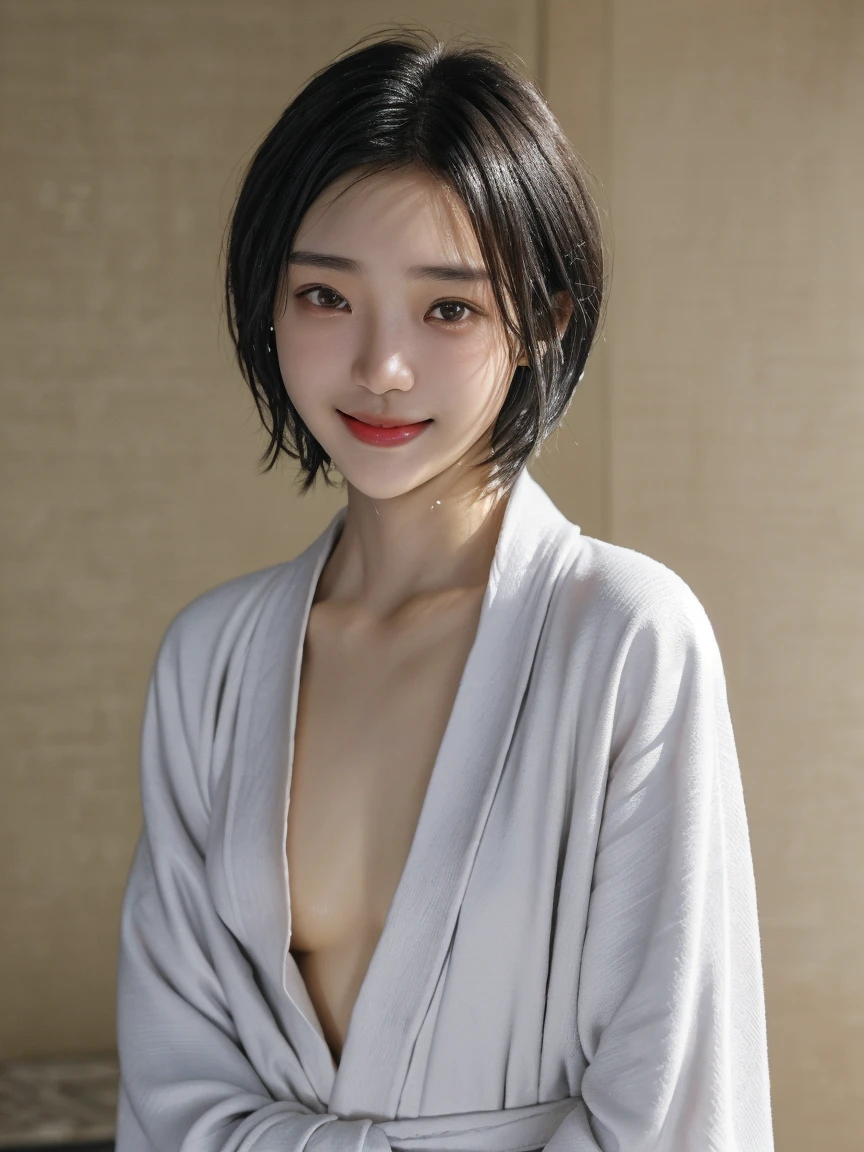 (8k、RAW Photos、Highest quality、masterpiece:1.2)、((night、moonlight、Japanese-style room、smile:1.5))、((naked、Flower pattern kimono、Nipples、pubic hair:1.3))、(Realistic、Realistic)、1 girl、(Are standing、Short Hair、Showing teeth、Bobcut、bed))、Long legature