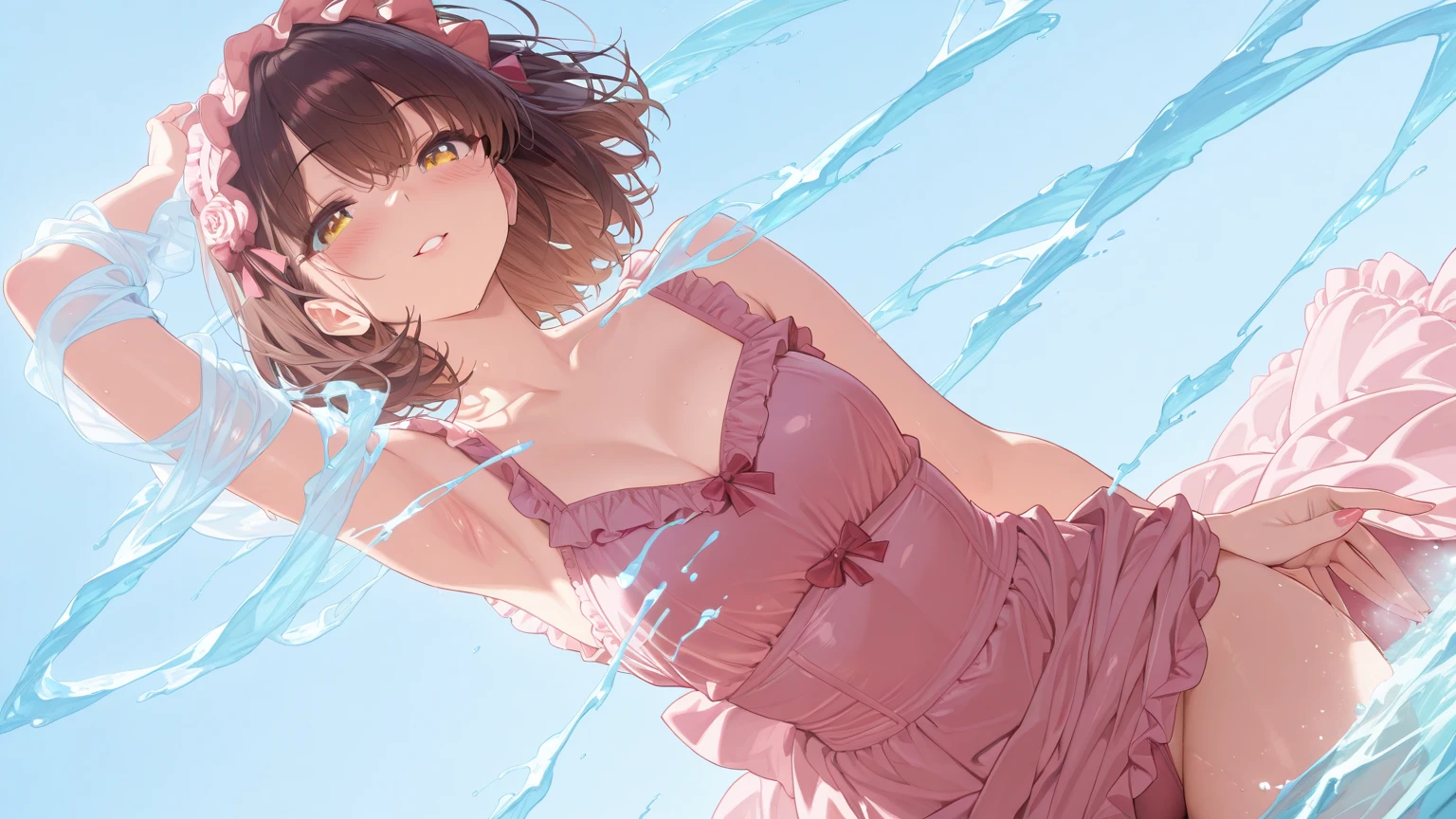 Maho Nishizumi, Pink Swimsuit,Pink Skirt, Semi-short hair,Brown Hair,Brown Eyes,Big Breasts, Confused expression,blush,Open your mouth,Sunset sea,Get wet,Half-body bath,Beautiful image quality,