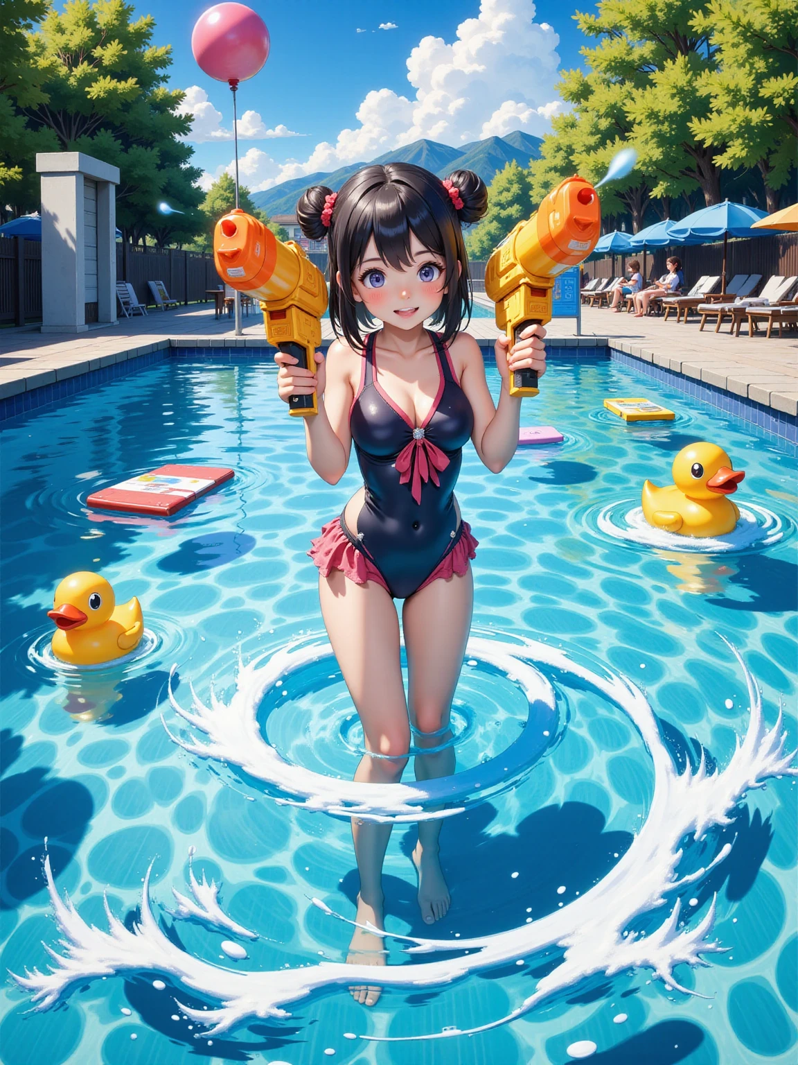 Highest quality、masterpiece、beautiful、detailed、Year: 12、Black hair twin-tailed female elementary school student、beach、Pouring sunlight、Dynamic pose、Spraying water with a water gun、Angle from below、smile、Slim figure、Soaking wet、erectile nipples、(open vagina:1.3)、pussy cum
