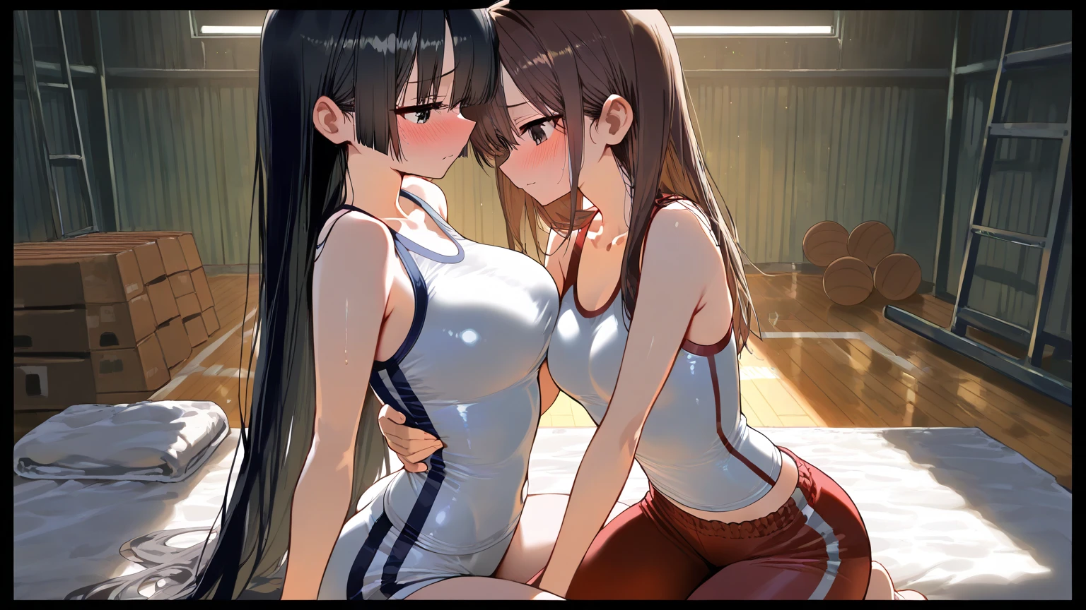 Mature woman and girl hugging each other. has semi-long black hair. The girl has brown hair in three braids. Both wear sports bras. The background is the locker room of the gym. has big. Girls have small breasts. They are both sweating. ((They are kissing)). Dim the light. ((Two Women))