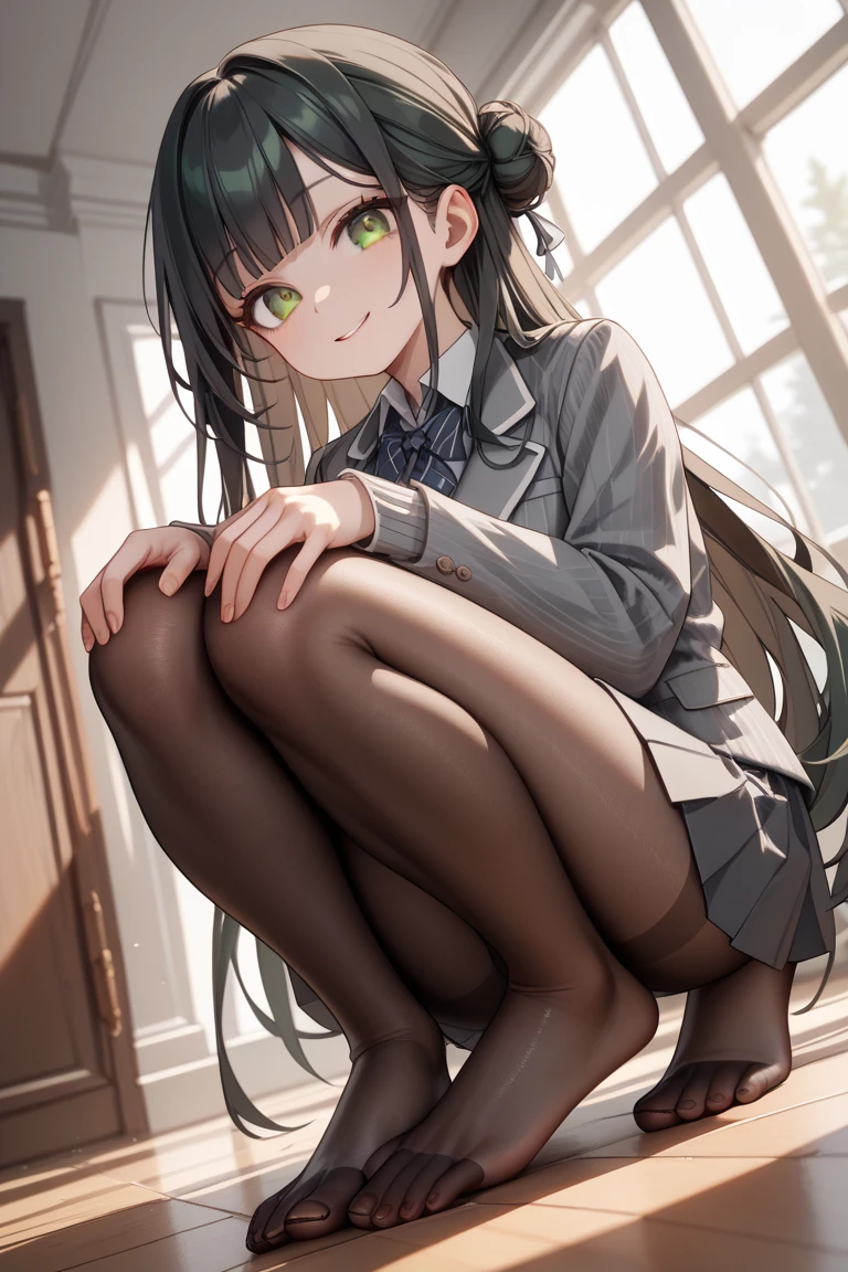Boldly showing off your crotch to the viewers、One girl in a mini skirt、Man smells feet, Sit with your legs wide apart、Looking down at the viewer, ponytail、Plump thighs, Highest quality, Focus on the thighs, Spread your legs wide, smile, blazer, blouse, Black Pantyhose, panties under pantyhose, , classroom, Black Hair,My thighs are steaming between the legs 、Sweaty pantyhose、Show the soles of your feet、Sweaty feet