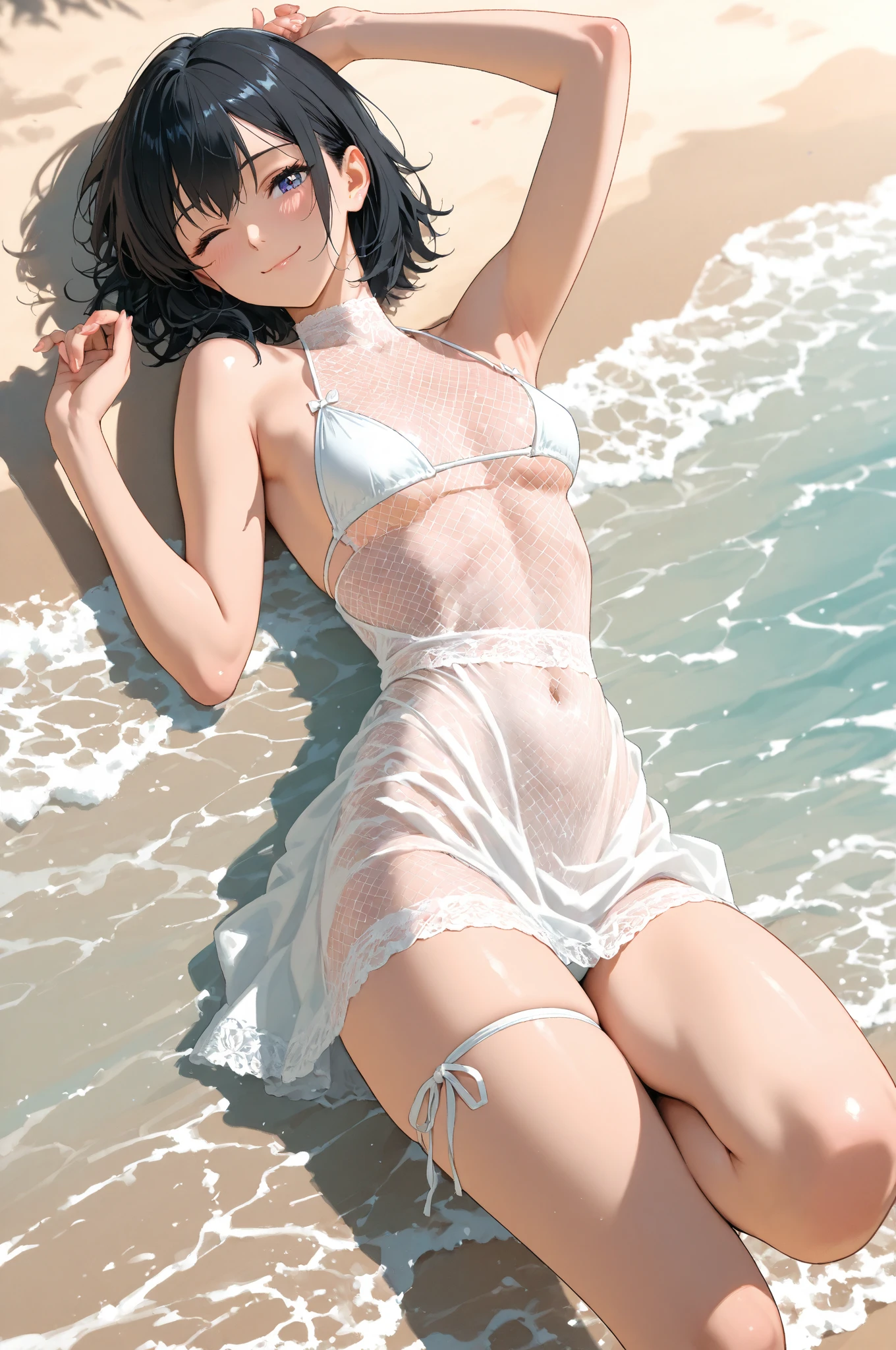 ((Highest quality)), ((masterpiece)), (detailed), naked,Female genitals in full view,Leg spread,Semen being ejaculated into her mouth,Only the lower half of the man is shown,2 men,1 girl,My female genitals are being licked,Juvenile hairstyle ,Beach,Crying face,I&#39;m on the beach,Ocean,On all fours,Blowjob,