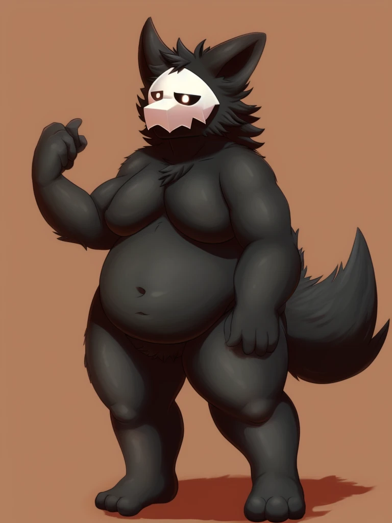 By bebebebebe, by lostgoose, by goonie-san, solo, female, standing, canine, ((snout, hair covering eye, straight hair, medium hair, flat hair, thin snout)), black fur, dark maroon hair, big breasts, (muscular), nude, big butt