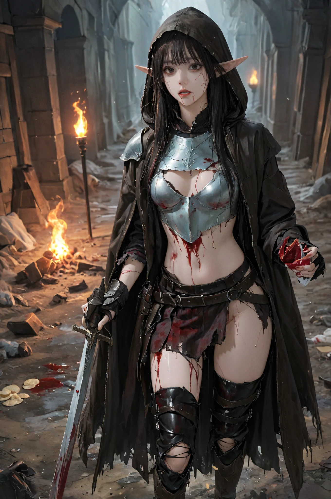 8k,(Asuna(sao): 1.6),one Girl, Solo,(perfect anatomy:1.43), (medium Hair:1.55) ,(Half Up:1.45),Bangs, Brown Eyes,Fine Eyes,(sad smile:1.3),white thighhighs,(Brown Hair:1.6),blood-soaked boots,(18 years old:1.5),Full Body,(fusion of bloody white silver full plate armor and blood-soaked long cape:1.63),(Bare Shoulders:1.5),(mini Skirt:1.26),(holding blood-soaked one rapier:1.43),(standing on moonlit night blood pool battlefield:1.52),Fantasy,(blood effect:1.53),pov,eye-level view,(drop shadow:1.21)