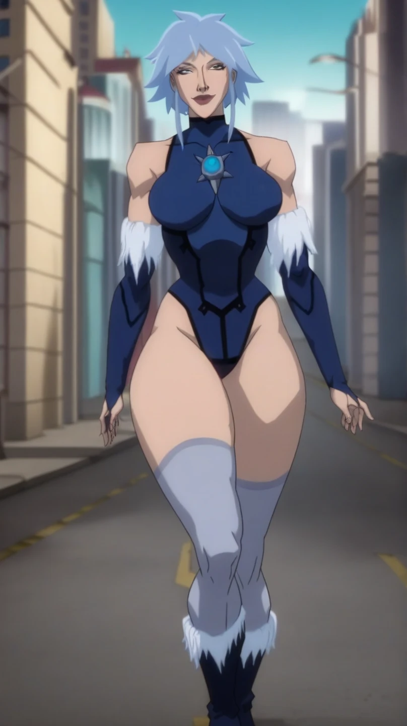 Female wearing tight gantz suit armor torn apart, black collar, corset, navel, abs, single braid, blonde, yellow glowing eyes, bright pupils, eye focus, red cape, temple indoors, stained glass windows, night, moonlight, particles, light beam, chromatic aberration, (full body, whole body. 1solo (girl) slave fighter, loincloth standing, hands on hips full body, whole body, 1solo (girl). slave fighter, standing, hands on hips, choker, big belt, view from below, feet together, bracers, tiara)